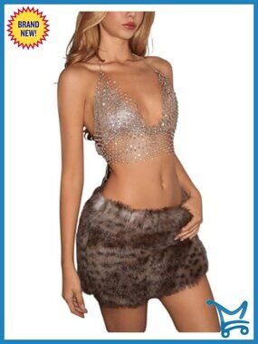 Rhinestone Fishnet Halter Crop Top See-Through Party Club Top